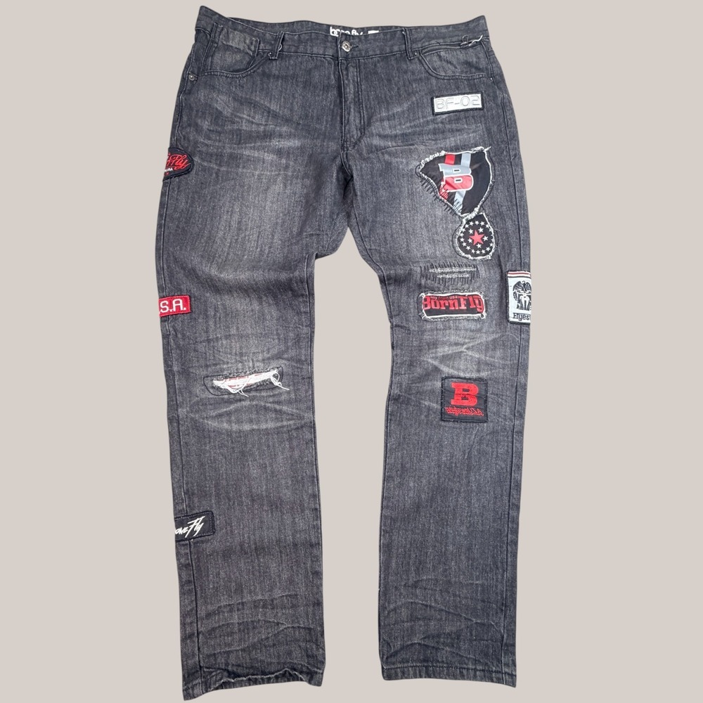 Born Fly Jeans Mens 42x33 Black Discharge Baggy Leg Patches Y2K Streetwear - Picture 2 of 16